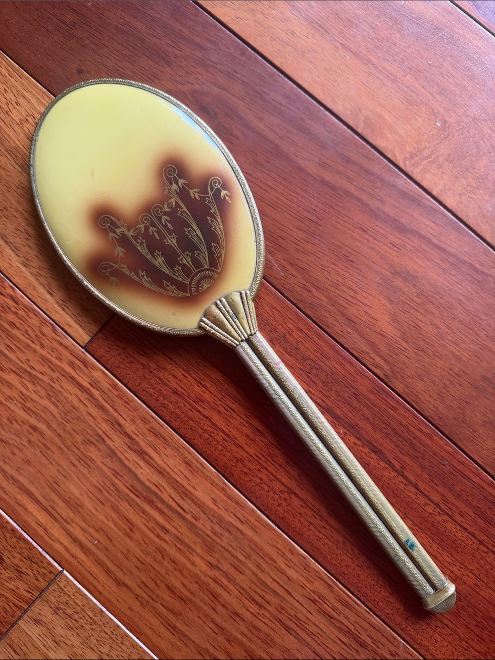 Vanity Hand Mirror Art Deco Gold Tone Floral Etched Hollywood Regency Vintage